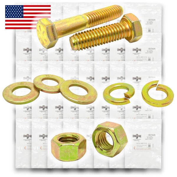 Boltsandnuts.Com Inch Grade 8 Hex Cap Scrws, HexNuts, Flat & Lock Wshrs Fine Thread Zinc Yellow Hardware - 1268 PCS Assortment Kit #495 - main